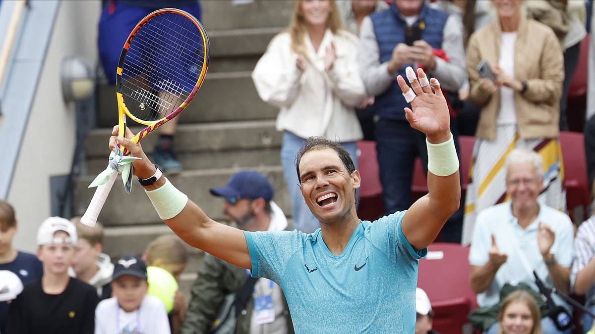 (Adam Ihse/TT News Agency via AP) : Rafael Nadal of Spain celebrates after defeating Leo Borg of Sweden in their men's singles match at the Nordea Open Tennis tournament in Bastad, Sweden, Tuesday July 16, 2024. 
